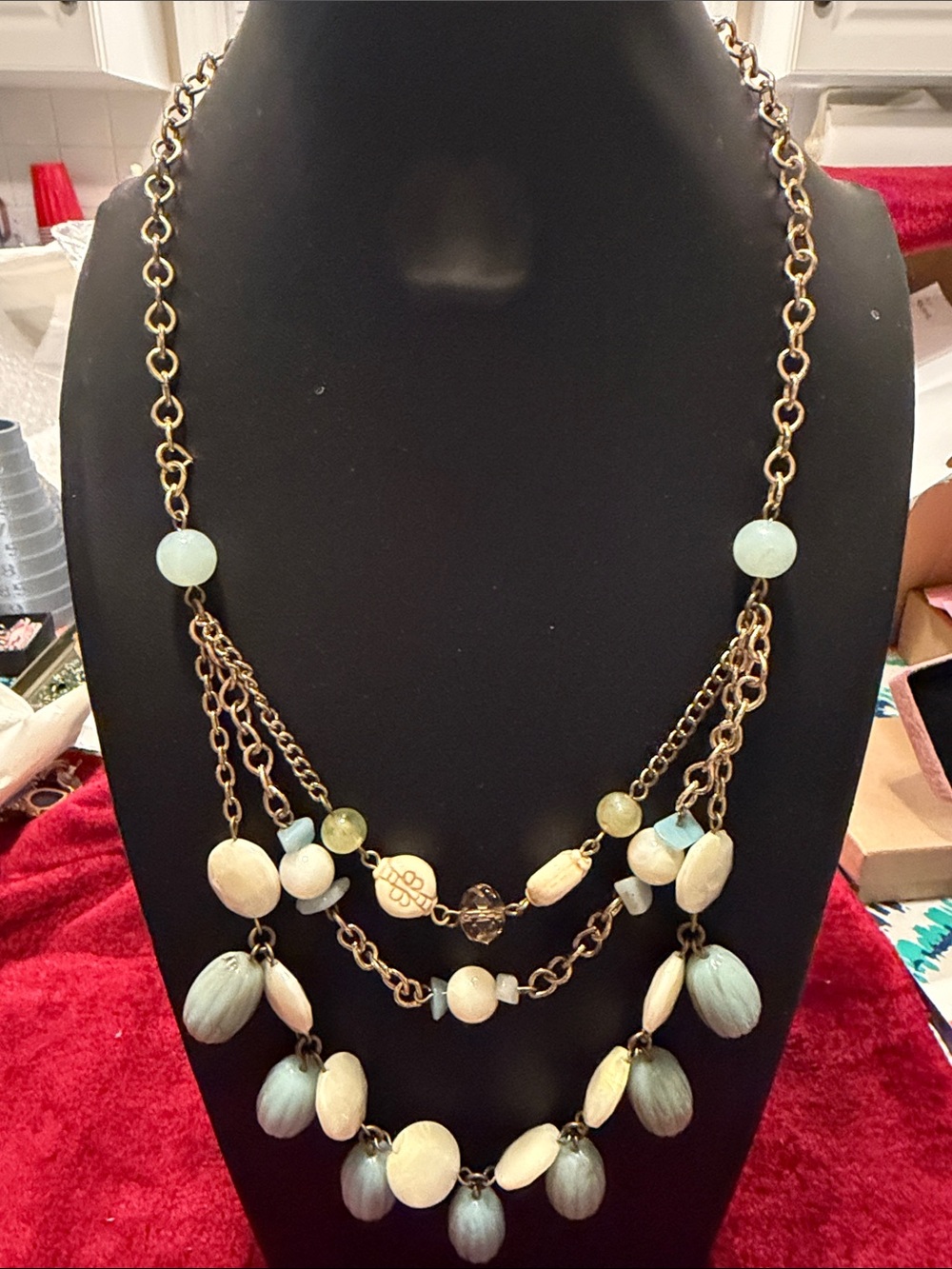 Gold-Tone Multi-Strand Necklace w Pale Blue/Cream Beads 18 1/2” good condition